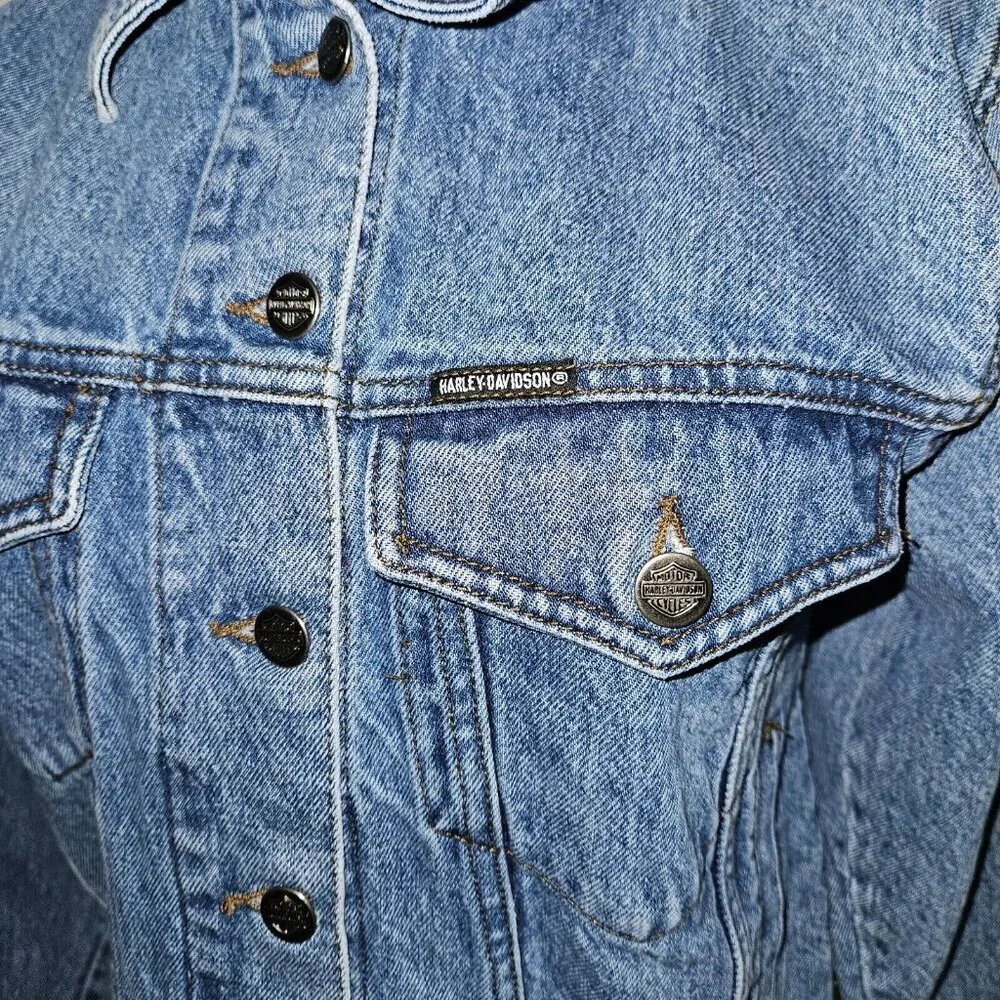 Biker Blues Harley Davidson Cropped Denim Jacket Embroidered Flags Ladies Small - Picture 13 of 14